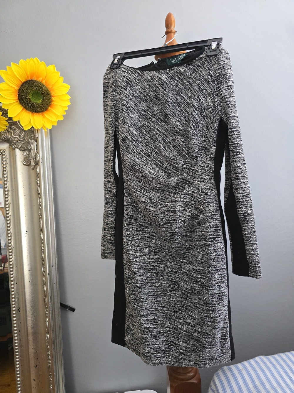 Ralph Lauren Black and White Long Sleeve Knit Sheath Dress